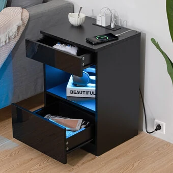 LED Nightstand with Charging Station Modern 2 Drawer Bedside Table Open Shelf Smart Nightstands for Bedroom