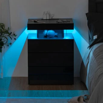 3 Drawer Modern LED Nightstand with Charging Station Bedside Table Smart Nightstands Side Table for Bedroom