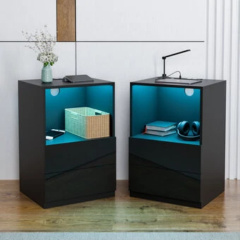Modern LED Nightstand with Charging Station 2 Drawer Bedside Table Open Shelf Smart Nightstands for Bedroom