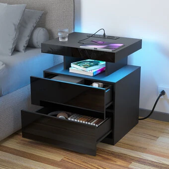 2 Drawer LED Nightstand with Charging Station Bedside Table Smart Nightstands Bedroom